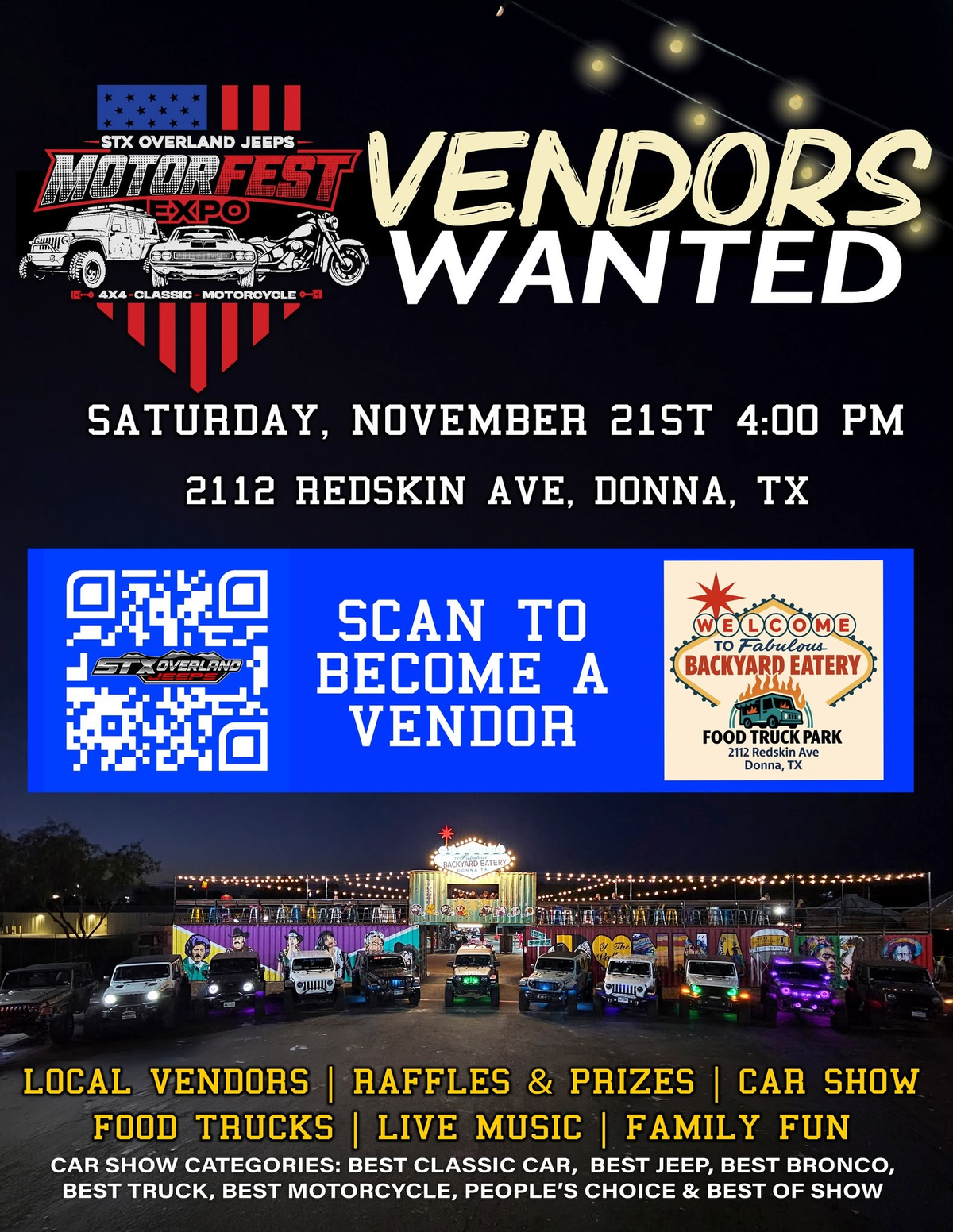 Flyer for MotorFest Expo at Backyard Eatery in Donna, TX on Saturday, November 21, 2026