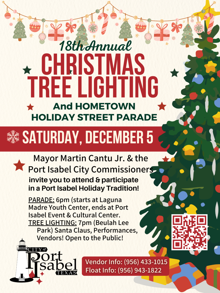Flyer for Port Isabel Christmas Tree Lighting in Port Isabel, TX on Saturday, December 5, 2026