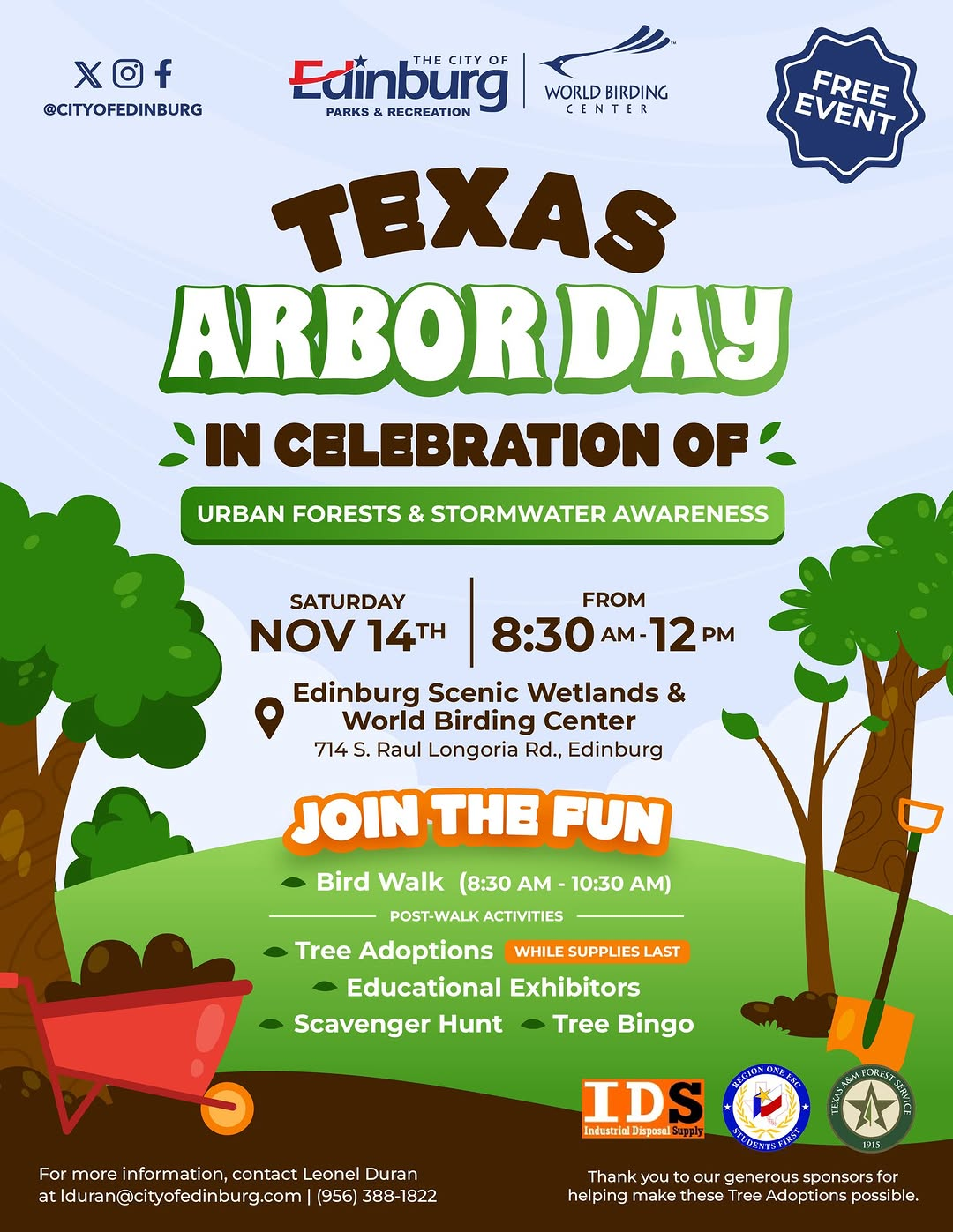 Flyer for Texas Arbor Day Celebration in Edinburg, TX on Saturday, November 14, 2026